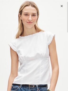 J. Crew Women’s White Ruffle-Trim Cap Sleeve Linen Blend Top Size 10 NWT